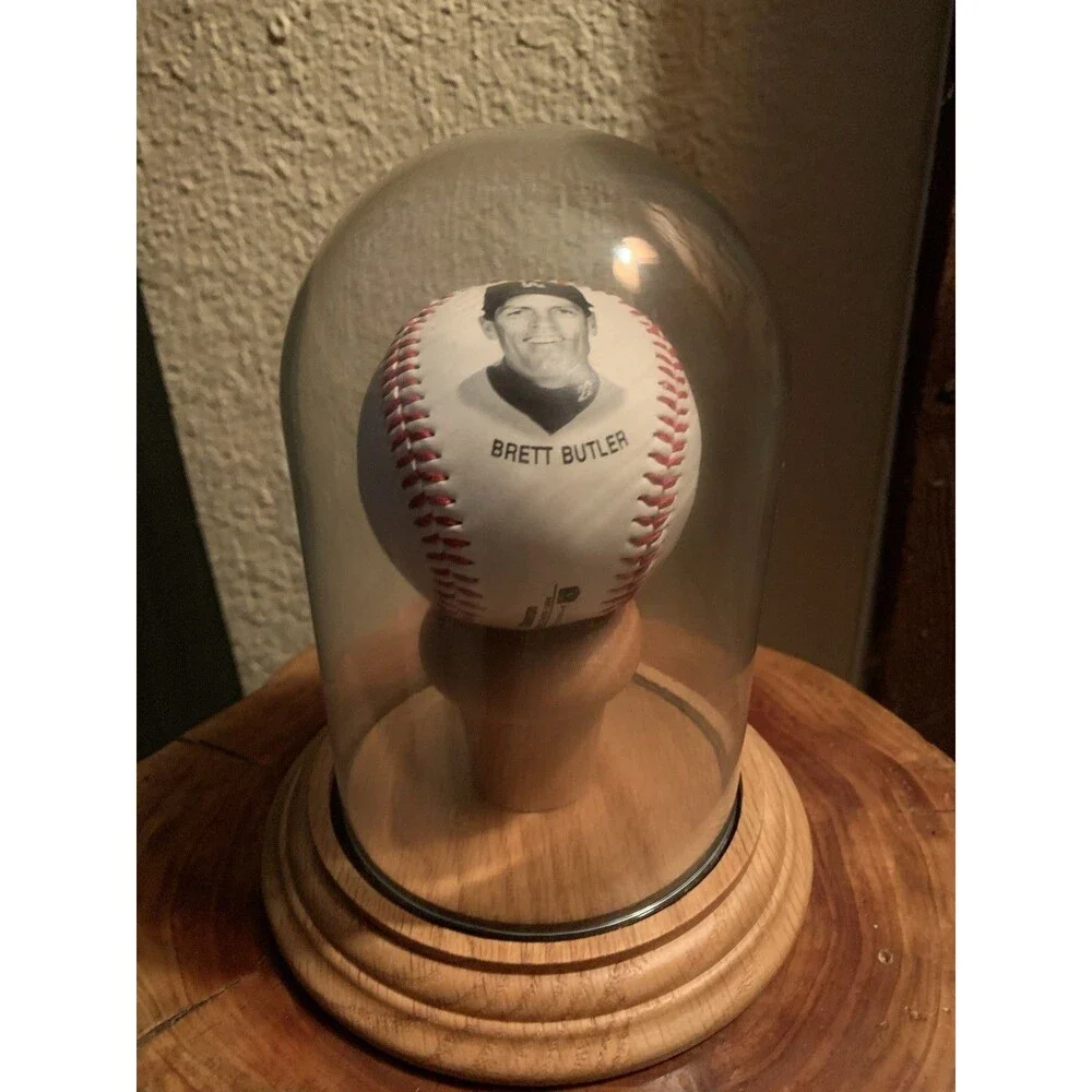 Baseball 7”Glass Display Dome w/ Oak 2” Pedestal On 5.75” Oak Wooden Base Ovrstk
